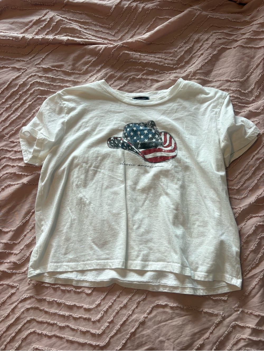 White T-Shirt with American Flag Cowboy Hat Graphic